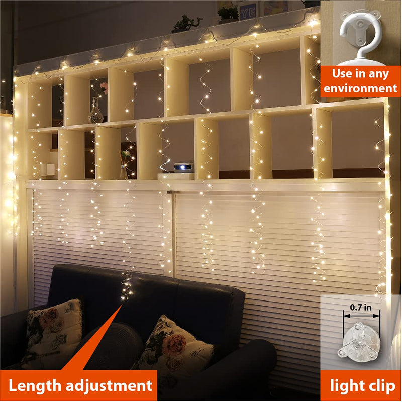 ZSJWL 300 LED Curtain Fairy Lights with Remote, 8 Modes 9.8 × 9.8 Ft, USB Plug in Copper Wire String Lights for Bedroom Window Chrismas Wedding Party, Warm White 1