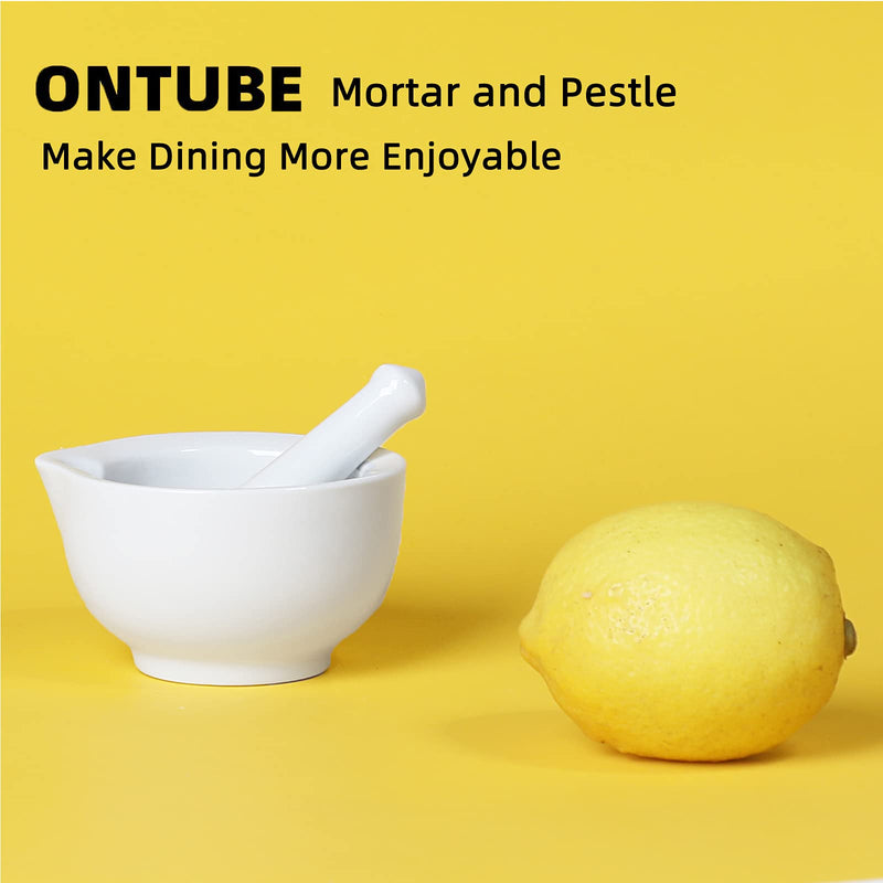 ONTUBE Mortar and Pestle Set, Ceramic Stoneware Spice Herb Grinder Pill Crusher Set (3.2 Inch) White