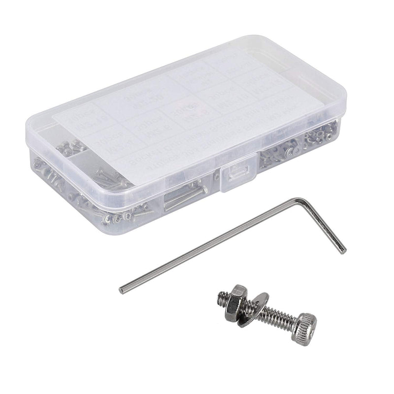 410Pcs Tiny Hex Socket Head Cap Screws Bolts, 304 Stainless Steel M2 x 4/6/8/10/12/16/20mm, Micro Allen Head Machine Screws, Nuts and Washers Kit with Hex Wrench, Fully Threaded Pitch: 0.4mm Silver-410Pcs M2 Socket Cap Head Screw-304