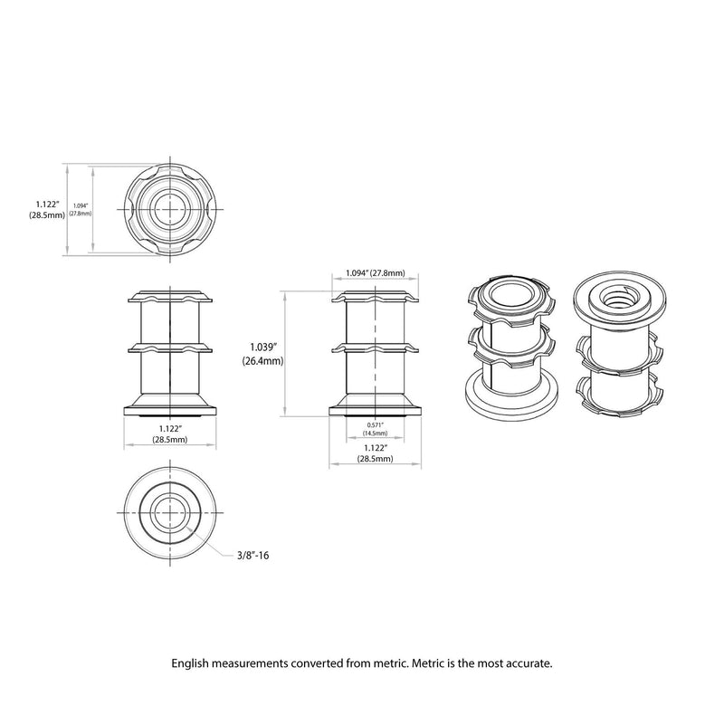 Outwater 1-1/8" Round Tube Caster Insert, 3/8-16 Thread, 20-Pack 20 Pack