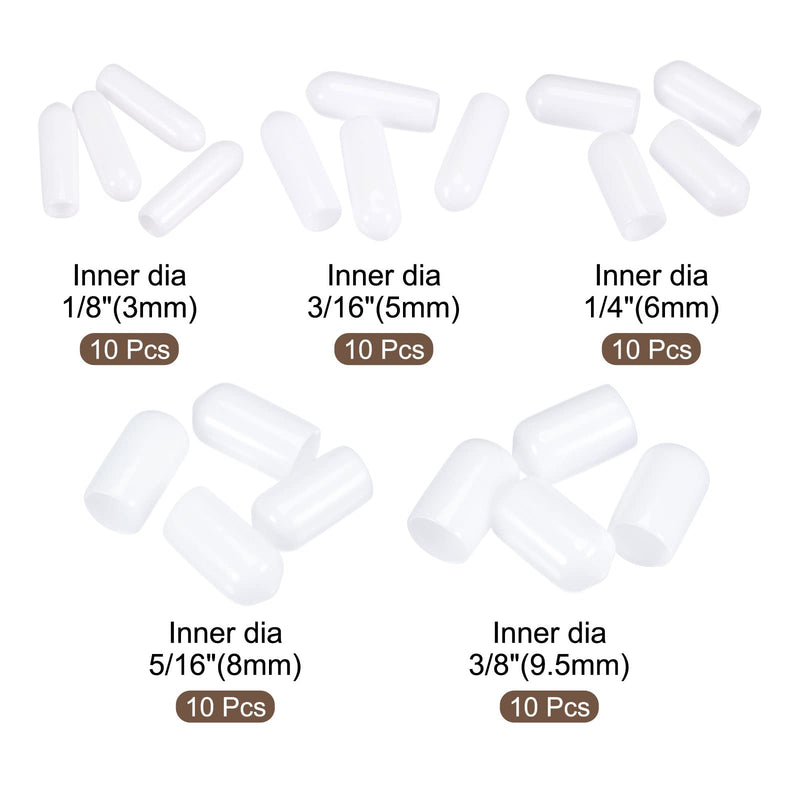 MECCANIXITY Round End Caps Rubber Cover 50pcs 1/8" 3/16" 1/4" 5/16" 3/8" White Screw Protector for Screw Bolt Pipe