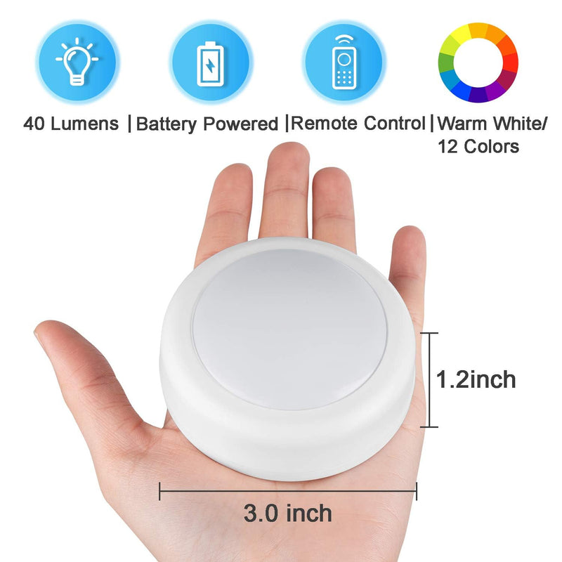 BLS LED Puck Lights with Remote Control, Wireless Under Cabinet Lighting, Battery Powered Lights, Stick on Lights, Color Changing Lights with Dimmer and Timer, AA Battery Operated Closet Light, 6 Pack RGB -6 Pack(White Shell)