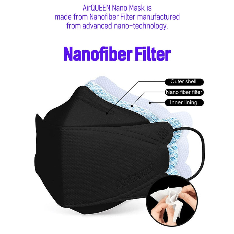 AIRQUEEN 3-Layer Nano-Filter Face Mask for Adults, Black 50 Pack, Lightweight and Breathable Face Mask, Reusable Face Mask