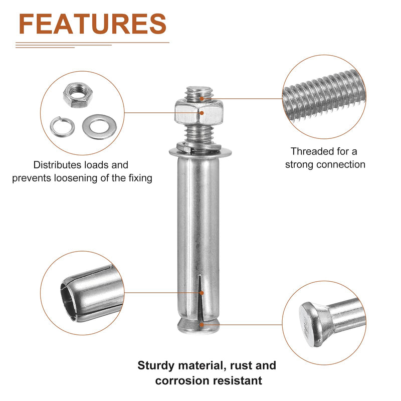 3/8" x 3" Hex Nut Sleeve Anchors - 5Pack - Good for Concrete Dry Brick Block Walls - 304 Stainless Steel - Silver 5