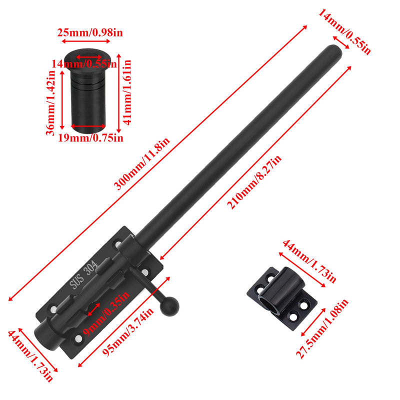 Slide Bolt Gate Latch Thickened Heavy Duty Door Latch Lock 304 Stainless Steel Barrel Bolt Lock Black Solid Gate Lock Door Latches Hardware with Screws and Dust Canister 12 Inch 1pc