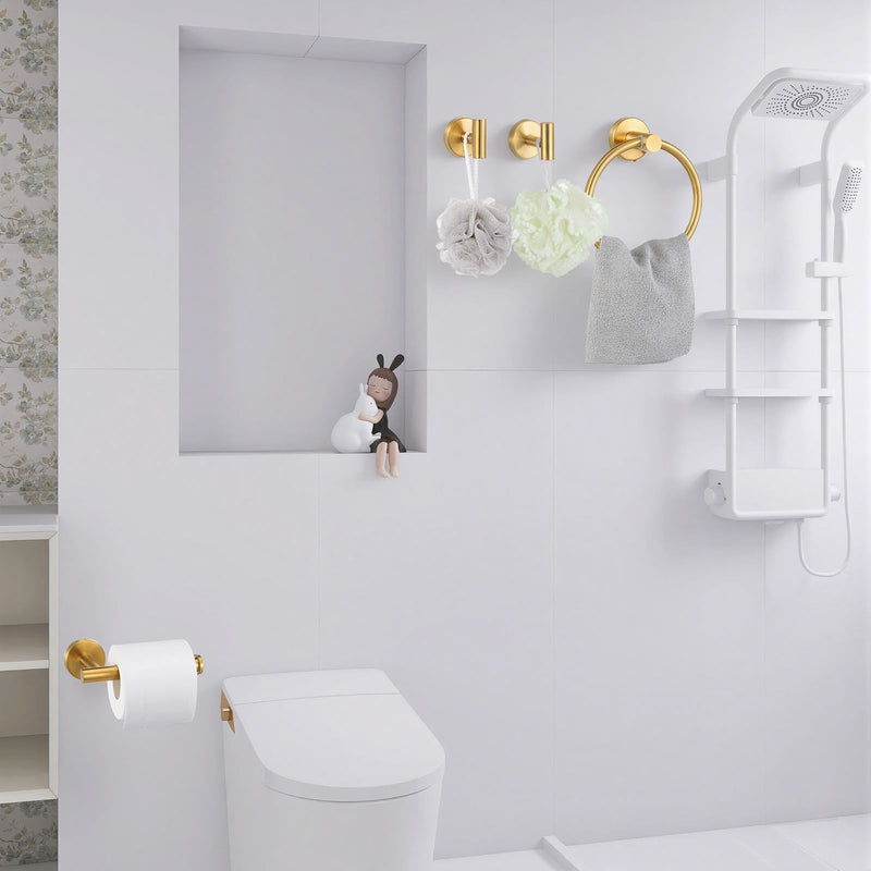 4-Piece Brushed Gold Bathroom Hardware Set, SUS304 Stainless Steel Toilet Paper Holder, Towel Ring & 2 Robe Hooks - Rustproof Wall Mounted Bathroom Accessories Kit
