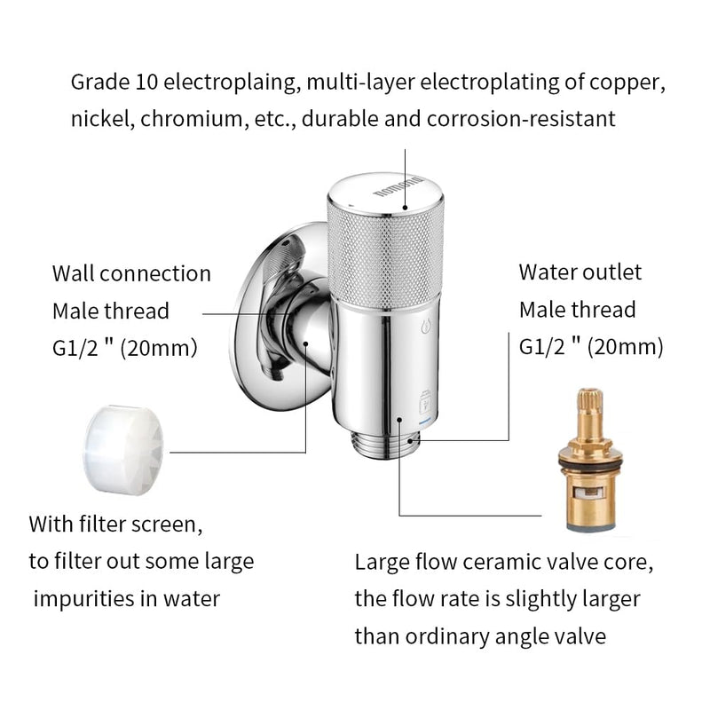 Large Flow Ceramic Valve Core Water Angle Valve, Wall Connection G1/2 Inch,G1/2 Inch Connection for Hose, Brass Chrome Plated for Basin, Kitchen, Water Heater