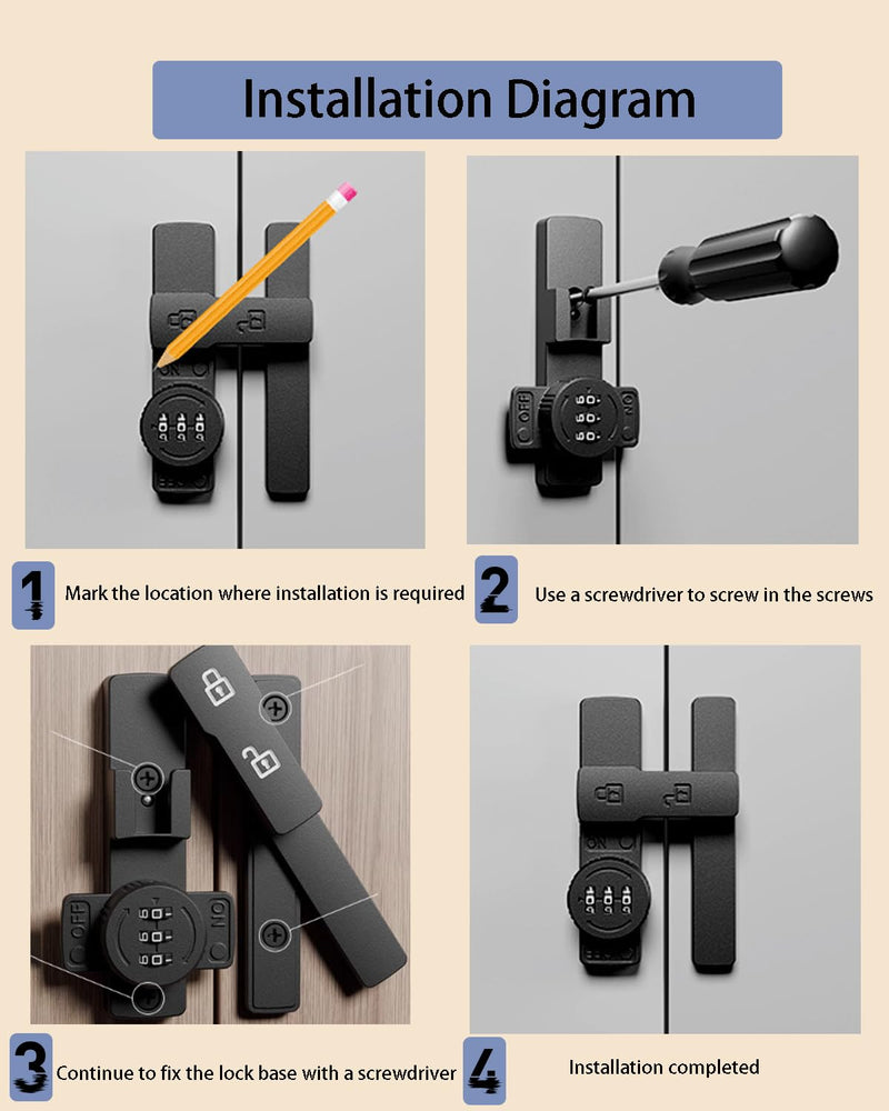 3-Digit Combination Lock for Double Doors Cabinets Closets Black