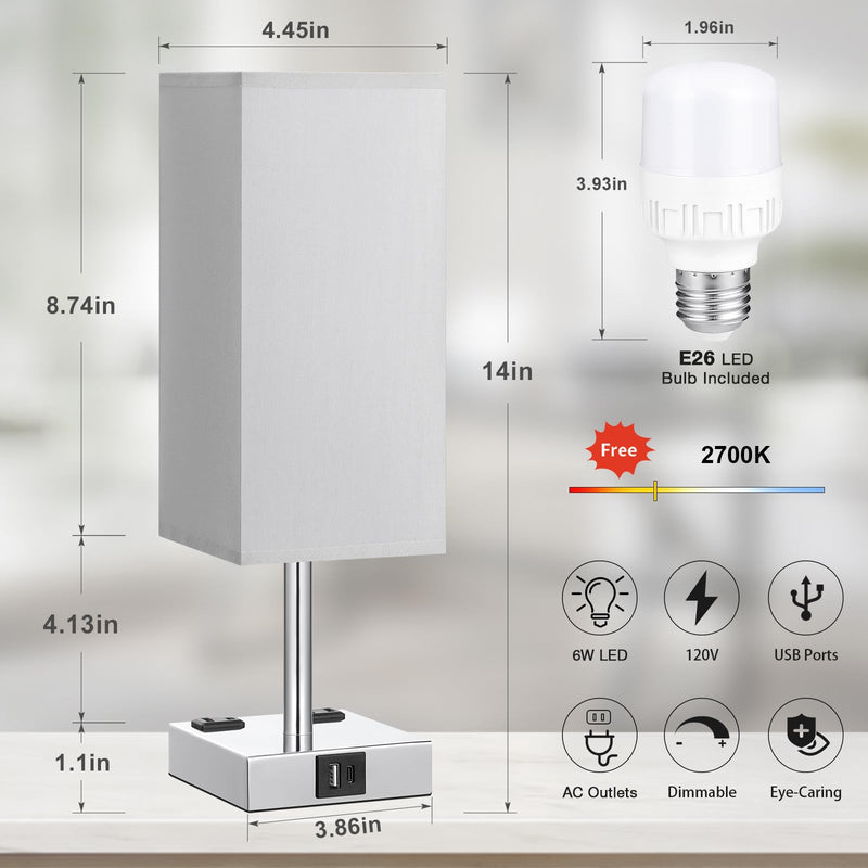 【Upgraded】Bedside Table Lamp Touch Control, with USB C+A Charging Ports & Dual AC Outlets, 3-Way Nightstand Lamp for Bedroom with LampShade Living Room Office(LED Dimmable Bulb Included) Gray & Silver 14.0in