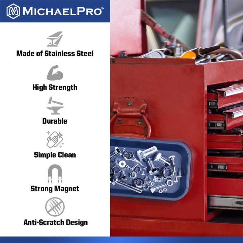 MichaelPro Magnetic Tray for Screws, Nuts, Bolts and Metal Parts, Magnectic Tool Holder for Mechanics with Strong Magnets for Secure Mounting, Stainless Steel Tool Tray with Anti-Scratch Rubber Base