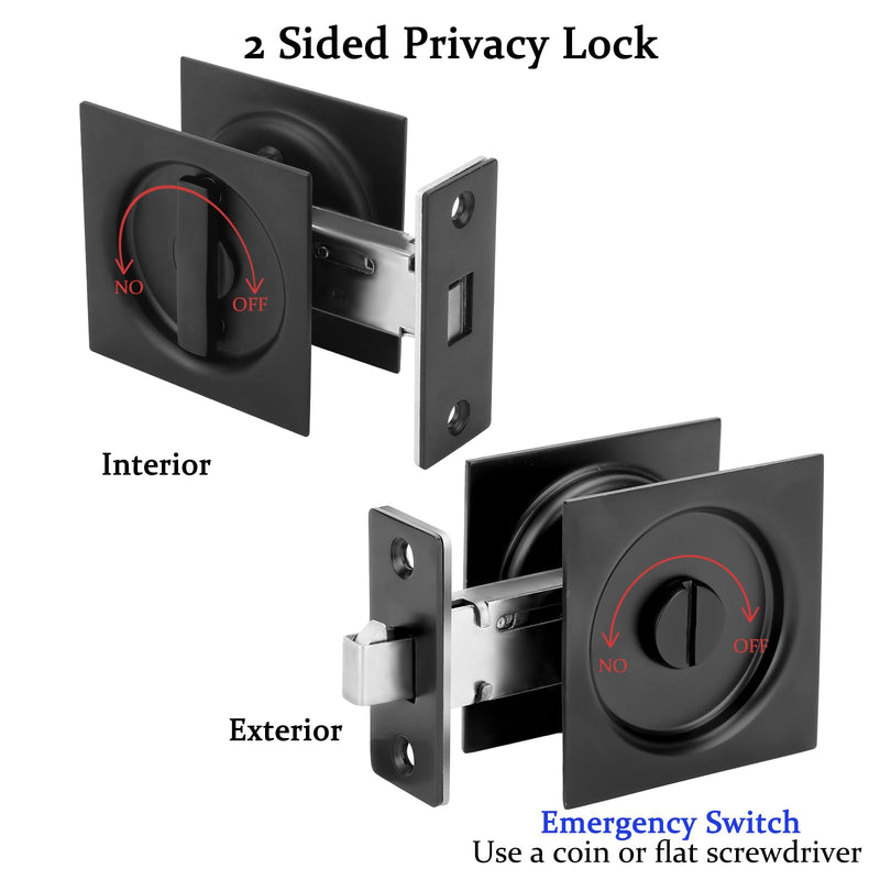 Dontay Pocket Door Privacy Lock and Pull, Stainless Steel 304 Contemporary Pocket Door Knob, Flush Door Handles, Privacy (Bed/Bath) Latch, 2-3/8" Backset, Sliding Barn Hardware (Matte Black, Square) Matte Black 1