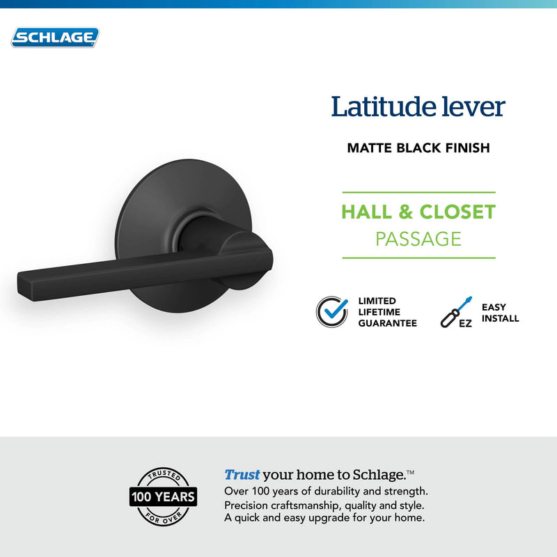 Schlage F10 V LAT 622 Latitude Door Lever, Hall & Closet Passage Lock, Matte Black Standard