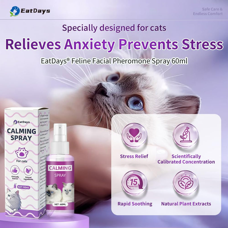 Cat Calming Spray with 10% Pheromones & Lavender - 15-Minute Fast Acting Formula to Stop Scratching, Spraying & Anxiety from Thunder, Travel, Vet Visits for Indoor Cats (3.4oz) (new packaging) new packaging