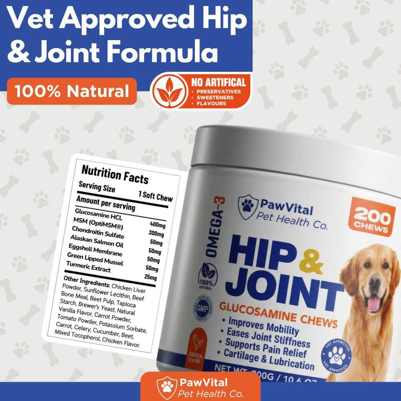 Hip and Joint Supplement for Dogs – Glucosamine Chondroitin MSM Chews for Dogs with Eggshell Membrane & Omega-3 – Joint Pain Relief & Mobility Support for Senior Dogs – 200 Chicken Flavored Soft Chews