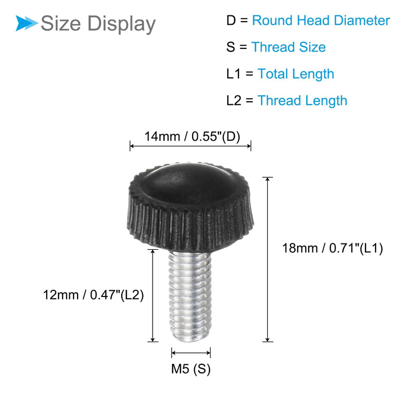 Thumb Screw Knurled Knobs, M5 x 12mm Male Thread, Black Round Head Clamping Screw Threaded Stud Hand Knobs Grip, (Applications: for Machinery Lathes), 20-Pieces