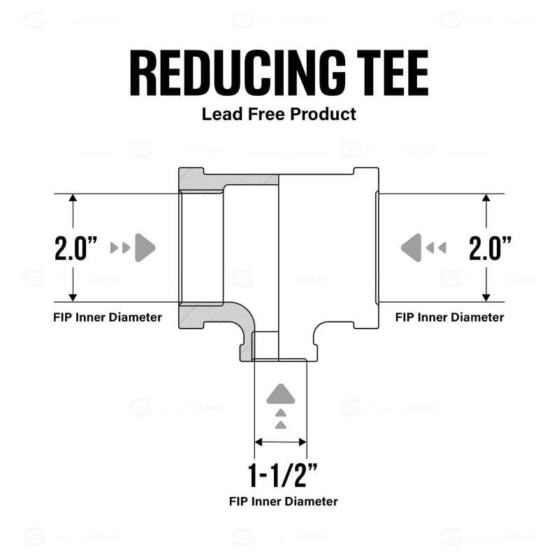 Supply Giant CSSU2006 2 in. x 1-1/2 in Reducing Tee Two Size with Female Threaded Connections Ends, Brass Construction, Higher Corrosion Resistance Economical & Easy to Install, 10