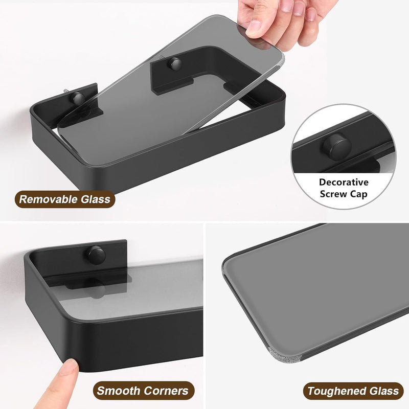 Z metnal Small Glass Bathroom Shelves, Matte Black Bathroom Floating Shelf, Mini Wall Shelf for Bathroom Organizer, Wall Mounted (Dark Glass, 9.8 inch/25cm) Dark Glass - NewNest Australia