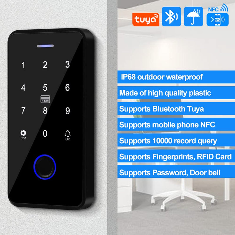 Bluetooth Tuya Door Access Control System Kit IP68 Waterproof RFID Keypad NFC Fingerprint Password Lock + Power Supply +10pcs Keyfobs (Without Lock) Without Lock