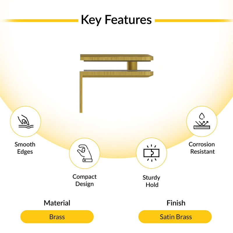 Brixwell Fixed Panel Beveled Clamp with Small Leg - Satin Brass Finish, 2" Height, for 3/8" to 1/2" Glass Thickness, Ideal for Shower Doors & Glass Shelves