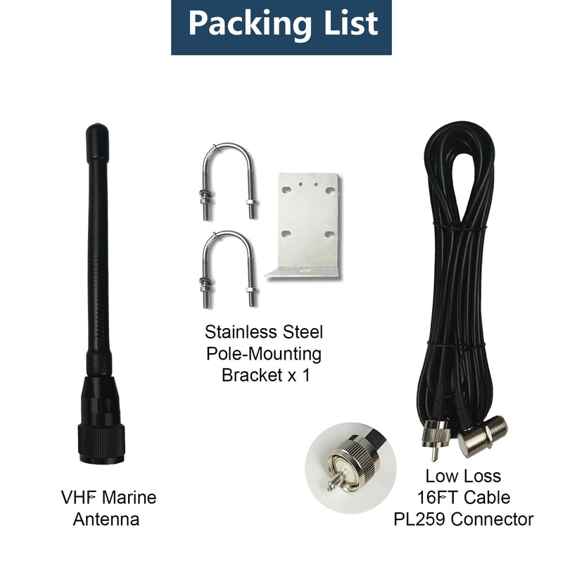 Marine VHF Radio Antenna Low-Profile 156-163MHz with 16ft RG58 Low-Loss Coaxial Cable & PL259 Connector for Boat Sailboat Yacht Waterproof