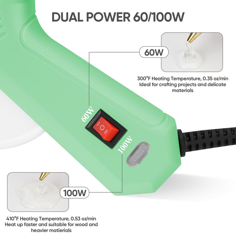 ROMECH 60/100W Dual Temp Hot Glue Gun and Sticks Set, Full Size with Case Light Green