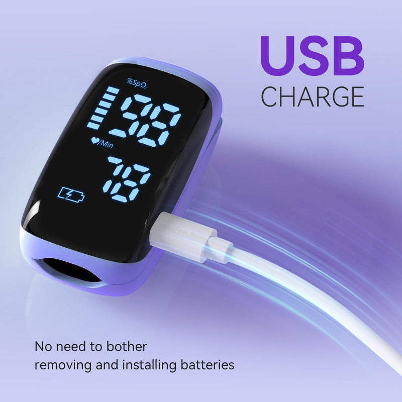 Fingertip Pulse Oximeter, Rechargeable Pulse Oximeter, High Definition Oxygen Monitor Fingertip, Fast and Accurate Oxymeter Includes Bag Lanyard (Purple)