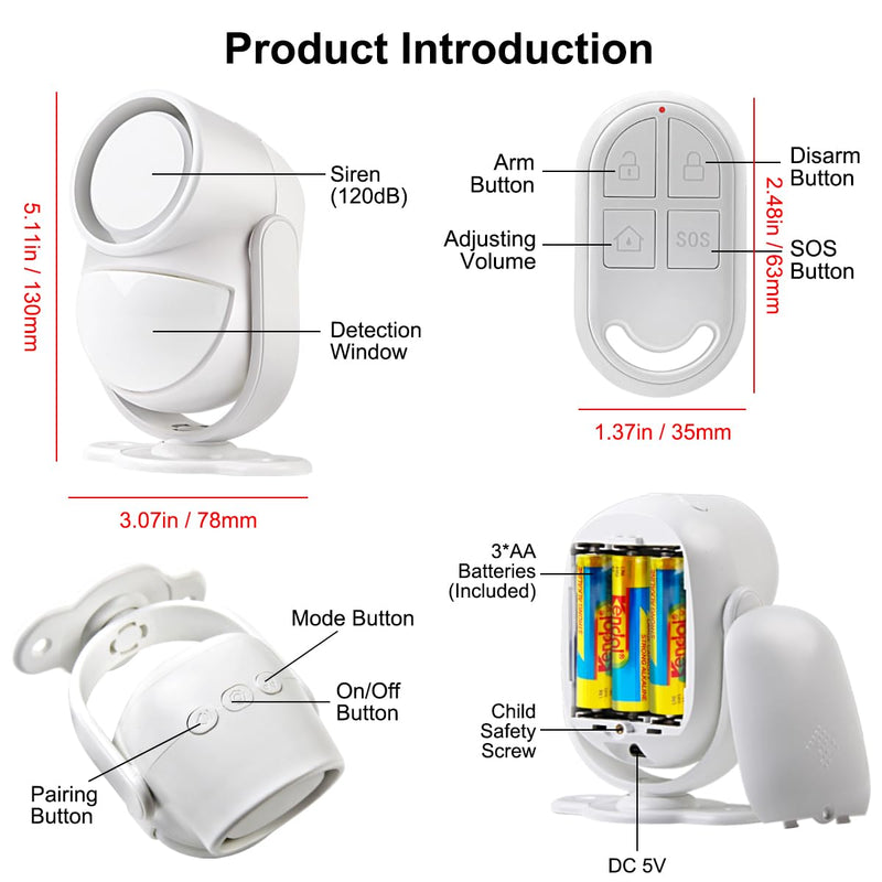 Motion Sensor Alarm - Driveway Alarm with 4 Door Window Sensors and 2 Remotes, with APP Alerts WiFi PIR Motion System Detector, for Home, Garage, Ranch, Van, Carport, Shop , 120dB Extra Loud White