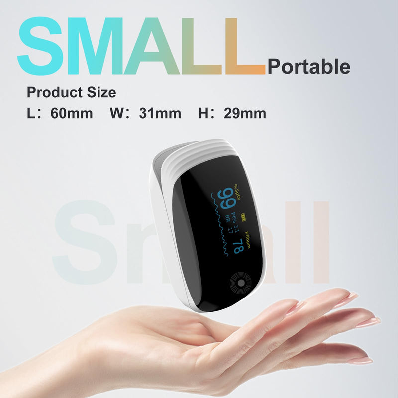 Fingertip Pulse Oximeter, Blood Oxygen Saturation (SpO2) Monitor for Fast Readings, Track Heart Rate, Respiration Rate (RR) & PI, Rechargeable with Rotatable OLED Display, 6 Modes, Portable - White
