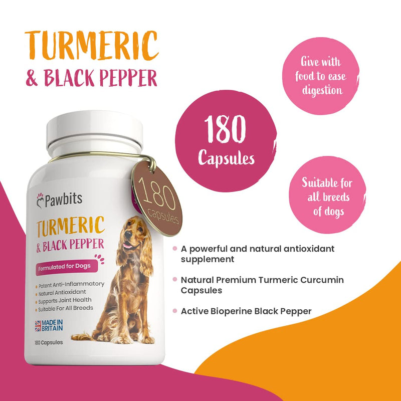 180 Turmeric for Dogs with Active Bioperine Black Pepper | Natural Premium Turmeric Curcumin Capsules suitable for Cats, Horses & Pets Powerful Antioxidant Supplement for Hip & Joints 180 Capsules - PawsPlanet Australia