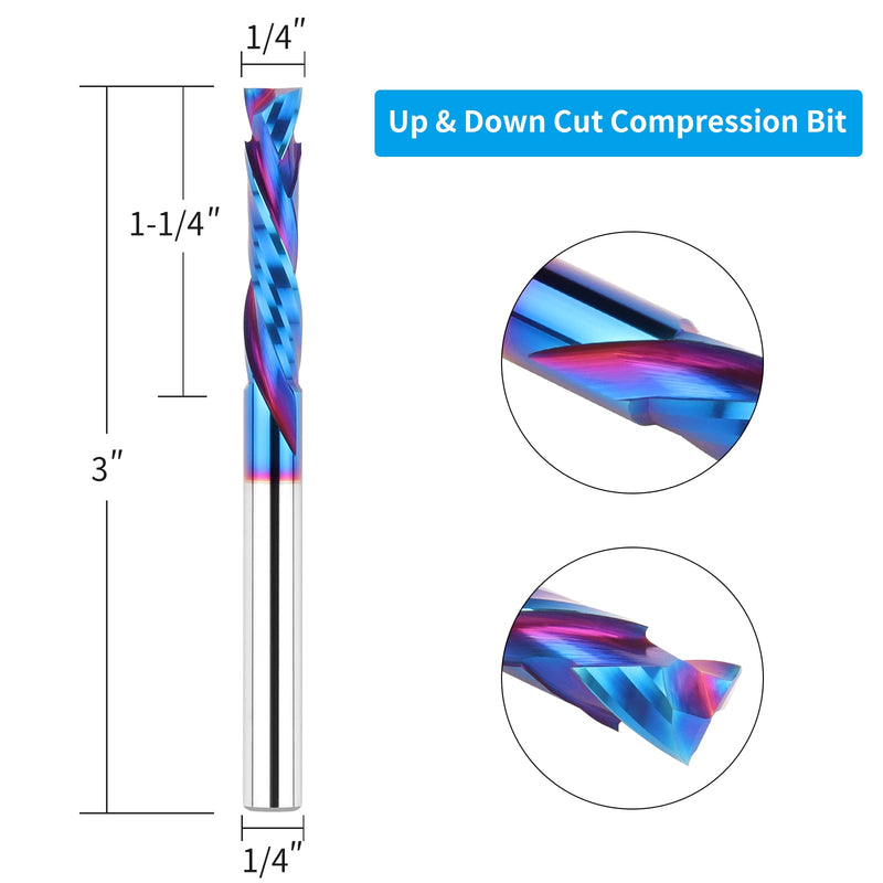 Compression Spiral Router Bits 1/4" Shank,1-1/4" Cutting Length, Extra Long 3 Inch, Carbide UP Down Cut CNC Router Bits End Mill for Wood Mortises Carving Engraving 3" OVL - Compression
