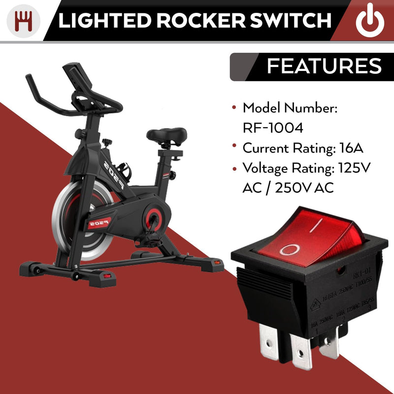 Lighted Rocker Switch | RF-1004 Replacement | Treadmill Elliptical Stationary Bike | 16A 125vac | 16A 250V 4 Pin Panel Mount Black-4pin