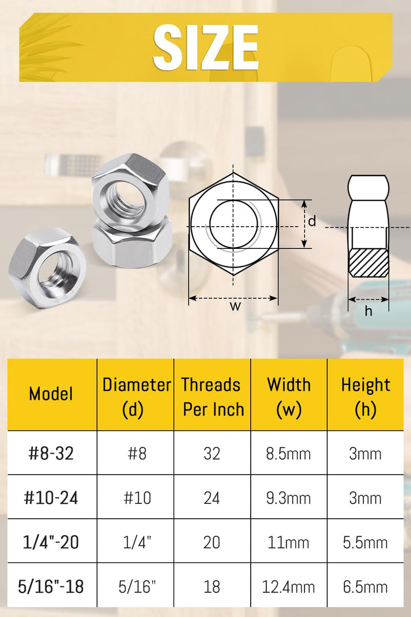 20Pcs 5/16"-18 Stainless Hex Nuts 304 Stainless Steel Nuts for Lndustrial Construction Fasteners 20