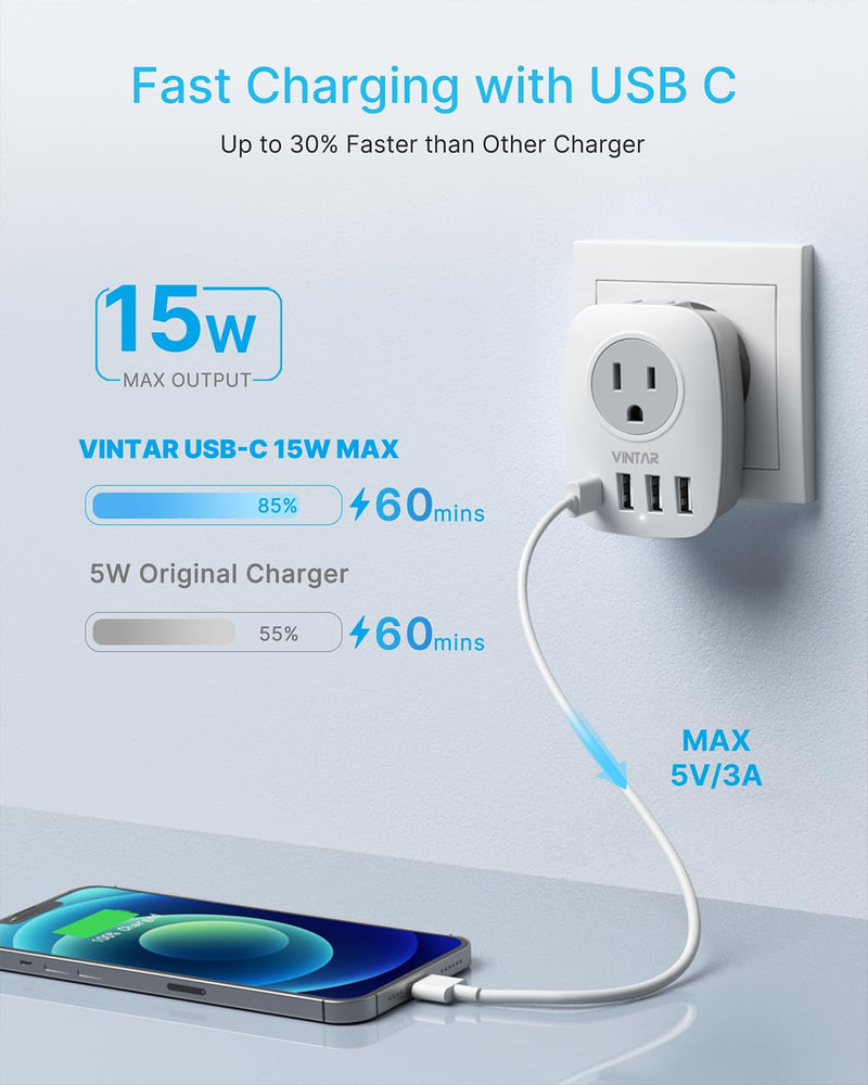 2 Pack European Travel Plug Adapter, VINTAR International Power Plug Adapter with 1 USB C, 2 American Outlets and 3 USB Ports, 6 in 1 Travel Essentials to Most of Europe Greece, Italy(Type C) Type C - Most of Europe