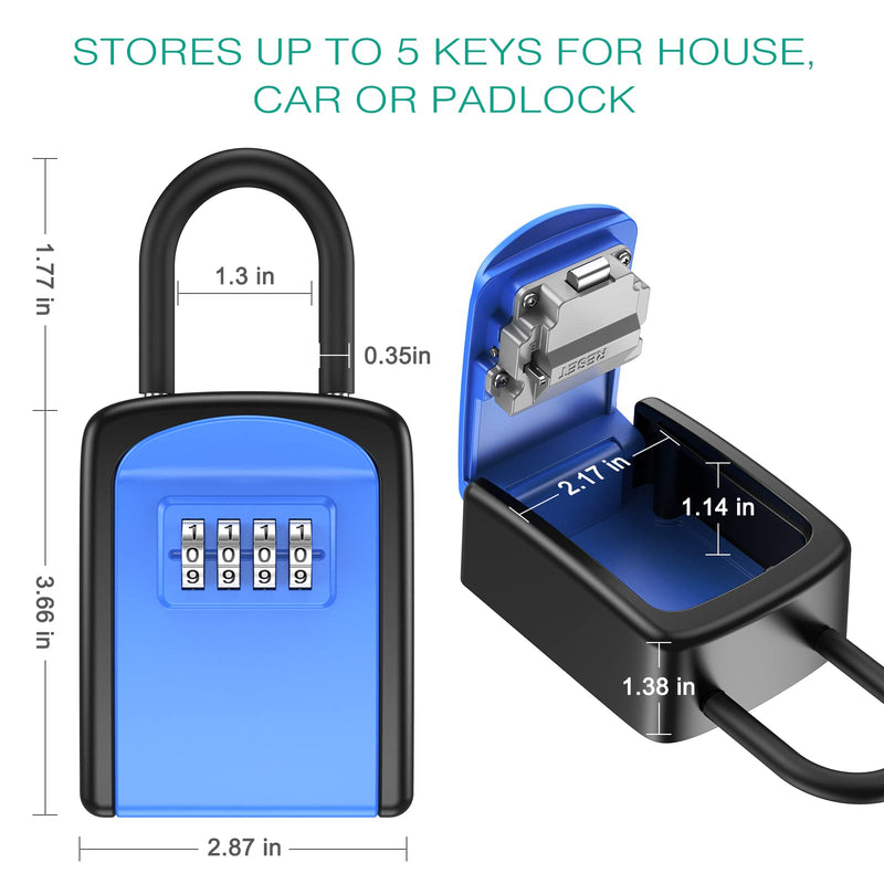 ORIA Key Lock Box, 4 Digit Combination Key Storage Lock Box, Key Safe Box with Removable Shackle, 5 Keys Storage Capacity Waterproof for Indoor Outdoor, Blue, 3.66 inch 1 Piece