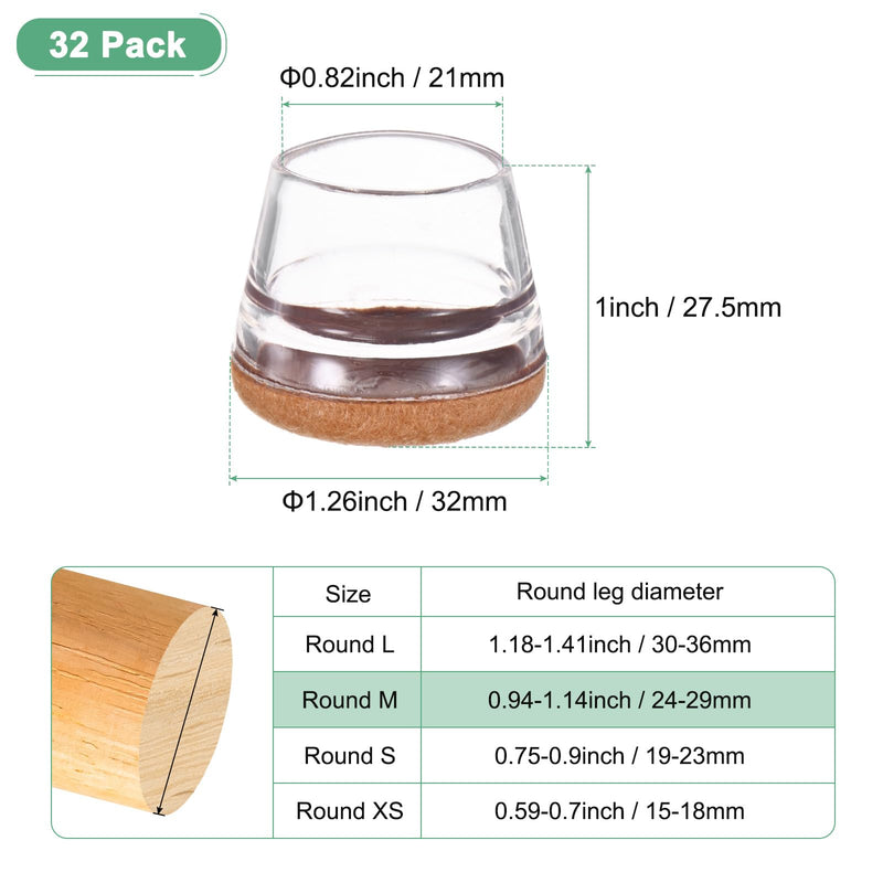 32-Pack Chair Leg Floor Protectors, 0.94-1.14 Inch Silicone Cups Round Felt Furniture Pads for Hardwood Floors/Laminates/Carpets, Chair Leg Covers Socks [Transparent Brown] Transparent Brown Fit 0.94-1.14"