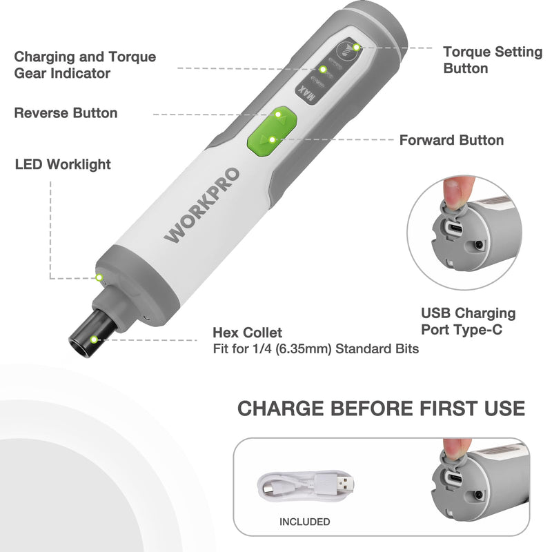 WORKPRO 4V Electric Screwdriver, Rechargeable Cordless Screwdriver Set with 35 Bits, Extension Rod, USB Charging Cable in Carrying Case, LED Light, White Gray