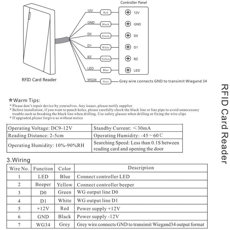 No Relay Access Control Reader Proximity Card Reader Wiegand 26/34 Bit Output Door Access Reader Waterproof IP68 Access Control 125KHZ Card Reader with 10 Color Key