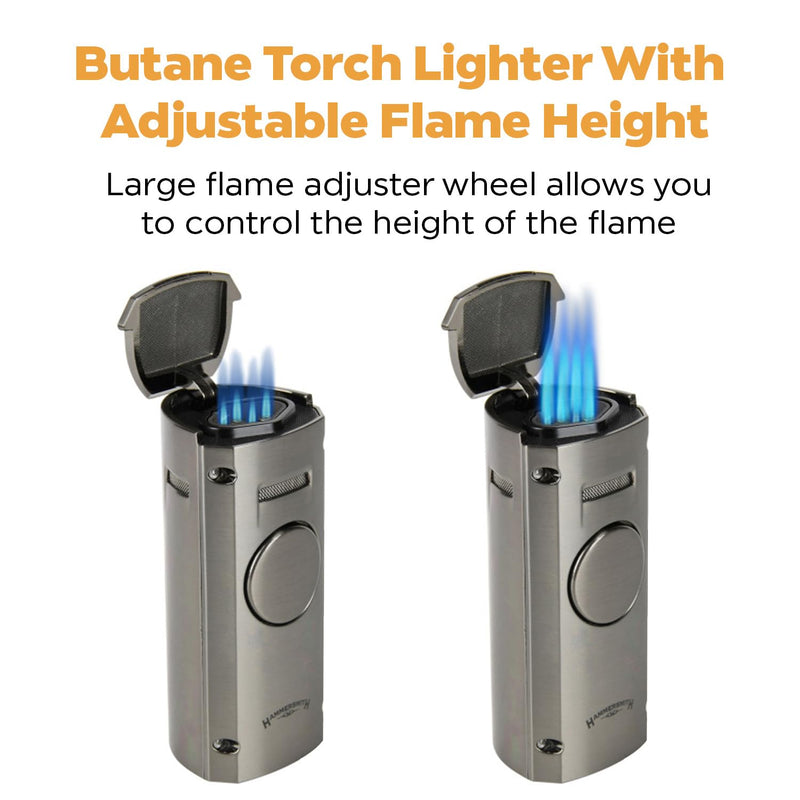 Hammersmith Howitzer Table Butane Torch Lighter for Cigars and Cigarettes, Refillable Lighters, Cigar Torch with Fold-Out Punch Cutter, Push-Button Ignition, & Flame Adjustment - Gunmetal