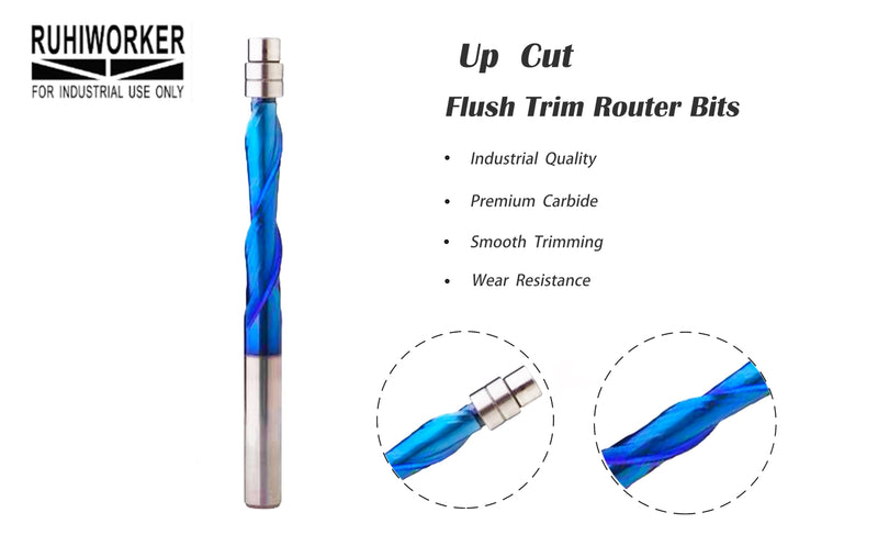 Ruhi Upcut Spiral Flush Trim CNC Router Bits 1/4" Shank 1/4" X 1-1/8" X 1/4" X 3 with Nano Coated for Wood Trimming UF2130 Up Cut