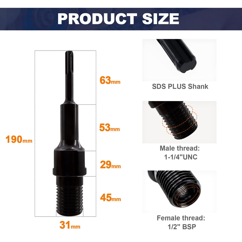 Core Drill Bit Adapter BRSCHNITT 1-1/4“UNC Thread Male to SDS Plus Shank Conversion 1-1/4UNC to SDS PLUS