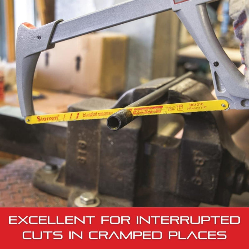 Starrett Bi-Metal Unique HSS Safe-Flex Hand Hacksaw Blade - Ideal for Contractors and Tradesmen - 12" Length, 1/2" Width, 0.024" Thickness, 18 TPI, 10-Pack - KBS1218-10