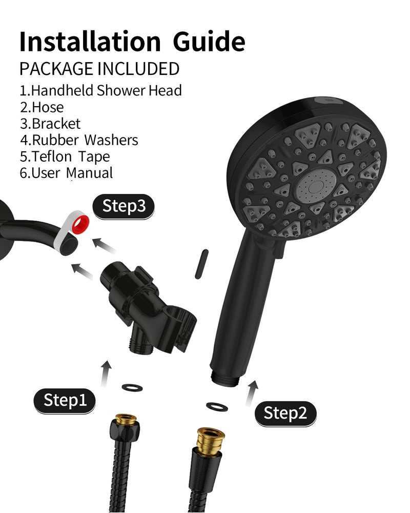 Shower Head With Handheld High Pressure 7 modes, Built-in Power Wash to Clear Tub, Tile, 5" High Powerful Hand Held Rain Showerhead with Stainless Steel Hose and Adjustable Bracket (Matte Black) Polished Black