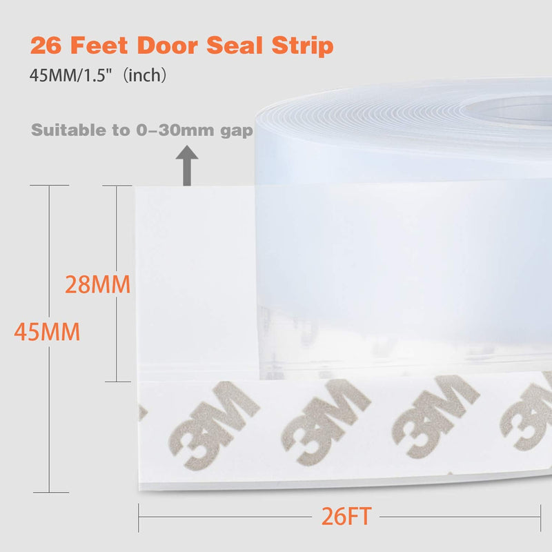 26 Feet Silicone Seal Strip,Door Weather Stripping, Sealing Tape for Door Draft Stopper Adhesive Tape for Doors Windows and Shower Glass Gaps (Transparent, 45MM) TRANSPARENT