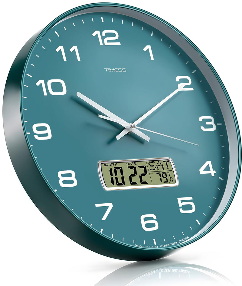 Wall Clock, 12" Dial Non-Ticking Silent Battery Operated Analog with LCD Display for Perpetual Calendar and F° Temperature, Ideal Modern Home, Bedroom, Kitchen, Office Decor (Green) 12 Inch Green
