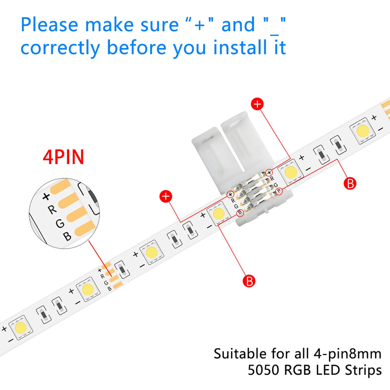 20PCS 4-Pin 8mm LED Strip Lights Connectors - Solderless, Extendable Terminal Adapters for SMD 2835 & 3528 RGB LED Strip Lights - Ideal for Various DIY Lighting Projects 4Pin-8mm