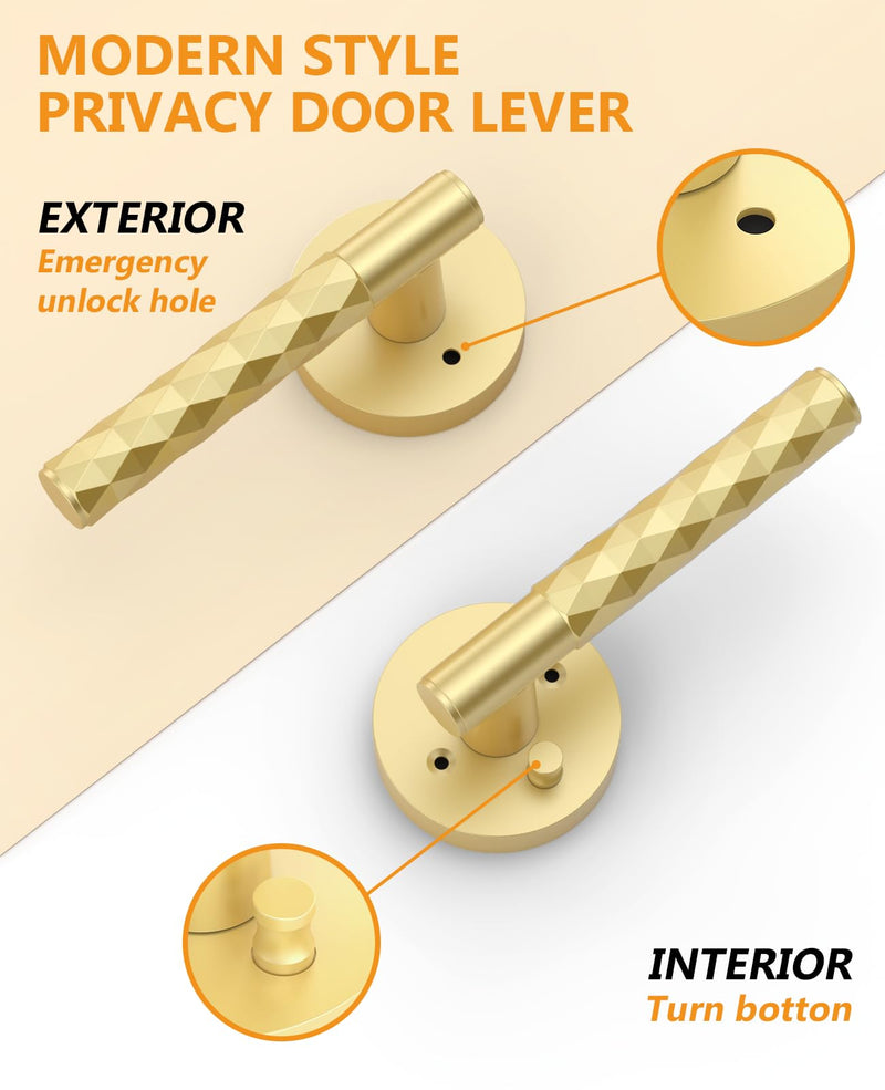 Asidrama 1 Pack Brushed Gold Privacy Door Knob or Lever with Lock, Heavy Duty Reversible Interior Door Handles for Bedroom Bathroom, Left Right Sided Doors