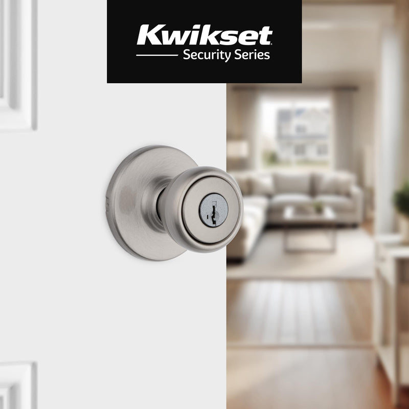 Kwikset Tylo Entry Door Knob with Lock and Key, Secure Keyed Handle Exterior, Front Entrance and Bedroom, Satin Nickel, Pick Resistant SmartKey Rekey Security and Microban 1 Pack Keyed Entry with Smartkey