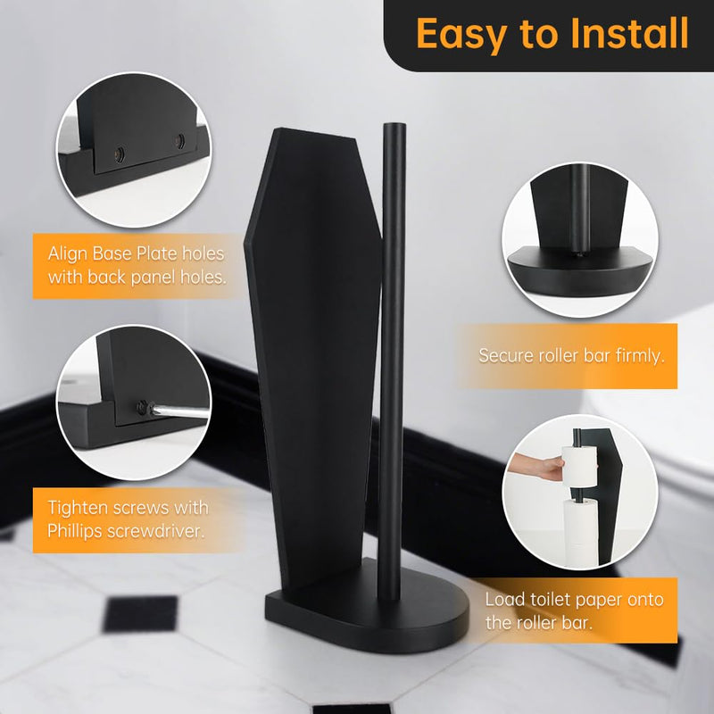 Gothic Coffin Toilet Paper Holder Stand - Free Standing Matte Black Bathroom Storage, Solid Wooden with 5 Anti-Slip Pads, Spooky Dark Aesthetic Bathroom Decor