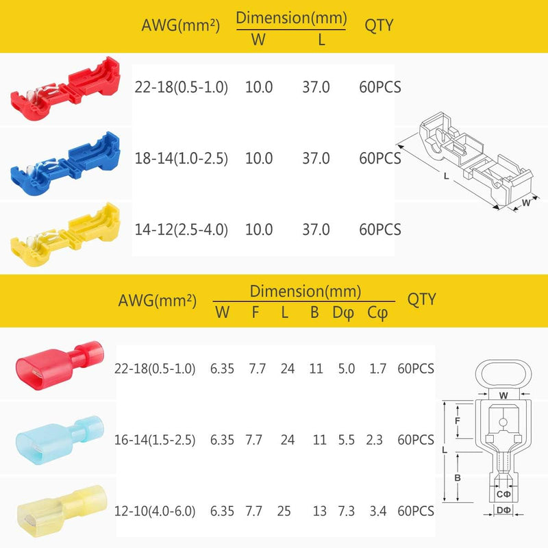 Sopoby 360PCS T Tap Wire Connectors AWG 22-10 Electrical Connectors Waterproof Quick Wire Splice Taps with Insulated Male Quick Disconnect Terminals Assortment Kit