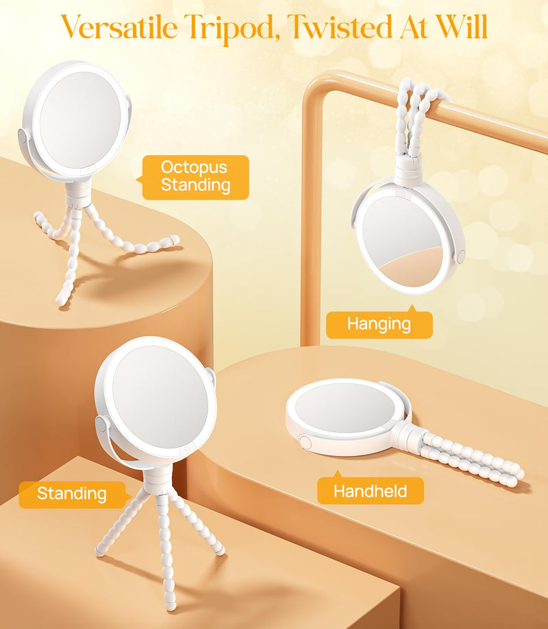 Gospire 5.85” Tripod Travel Makeup Mirror with Lights and Magnification 1X/10X, 4 in 1 Winding Hanging Handheld Tabletop, 3 Light Colors and Adjustable Brightness – White